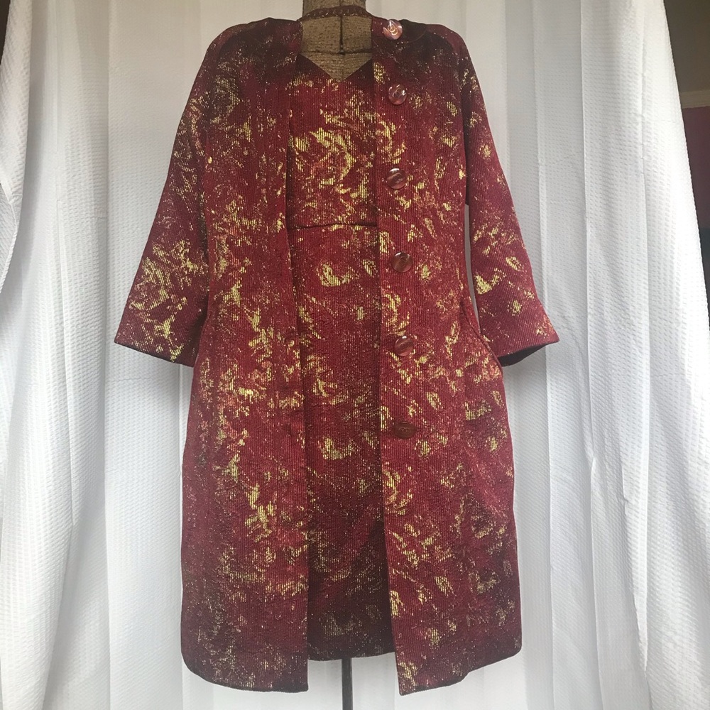 Gorgeous cranberry and gold Azadeh couture dress and coat 12/14